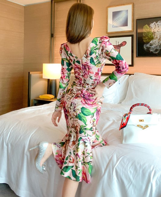 Spring 2024 Women's Retro Mid-Length Printed Casual Dress