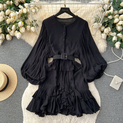 Spring Fall Retro Bubble Sleeve Ruffle Long Sleeve Women’s Dress
