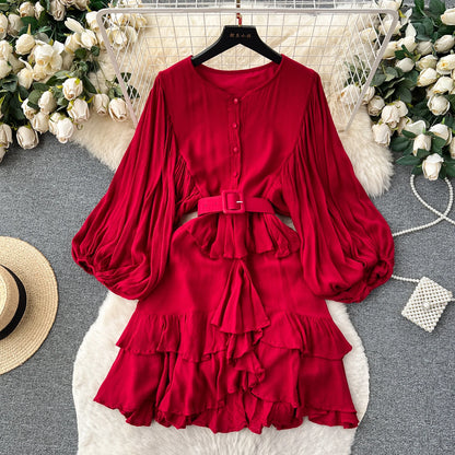 Spring Fall Retro Bubble Sleeve Ruffle Long Sleeve Women’s Dress