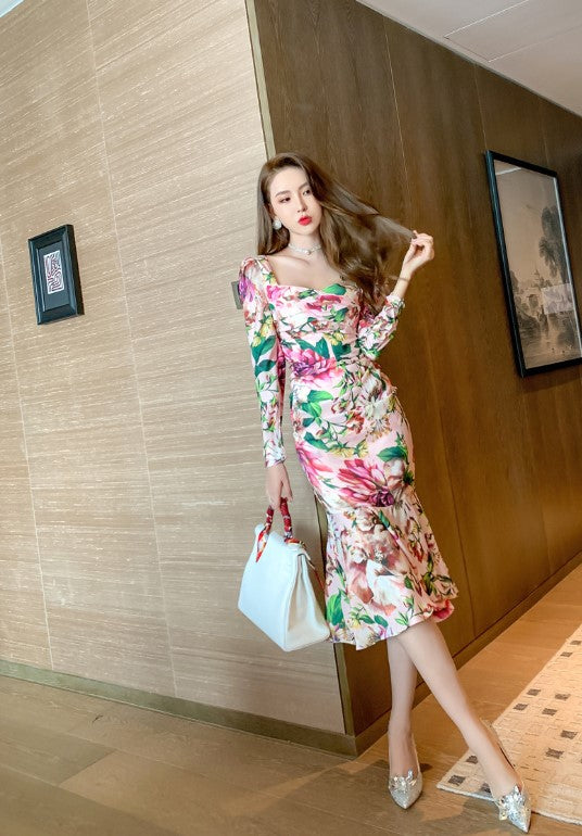 Spring 2024 Women's Retro Mid-Length Printed Casual Dress