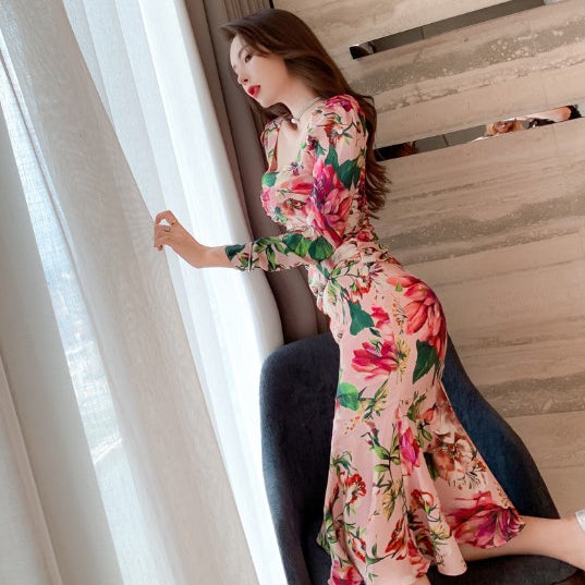 Spring 2024 Women's Retro Mid-Length Printed Casual Dress