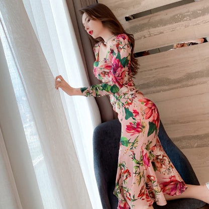 Spring 2024 Women's Retro Mid-Length Printed Casual Dress