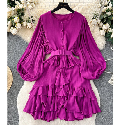 Spring Fall Retro Bubble Sleeve Ruffle Long Sleeve Women’s Dress