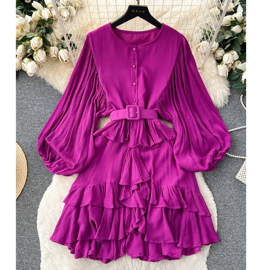 Spring Fall Retro Bubble Sleeve Ruffle Long Sleeve Women’s Dress