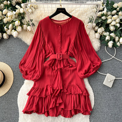 Spring Fall Retro Bubble Sleeve Ruffle Long Sleeve Women’s Dress