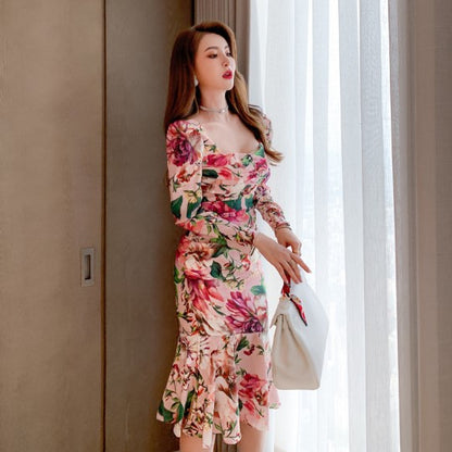 Spring 2024 Women's Retro Mid-Length Printed Casual Dress