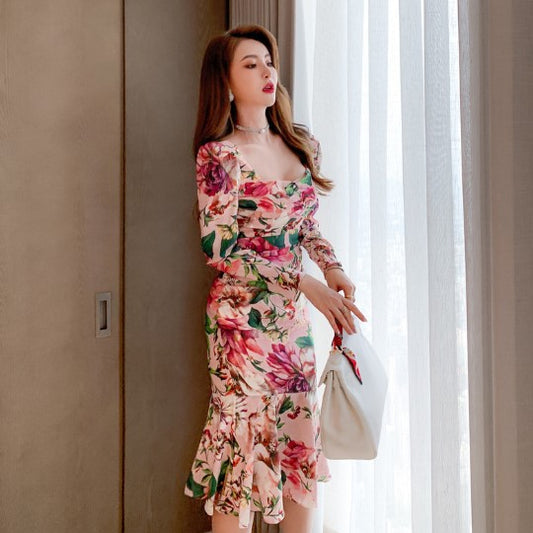 Spring 2024 Women's Retro Mid-Length Printed Casual Dress