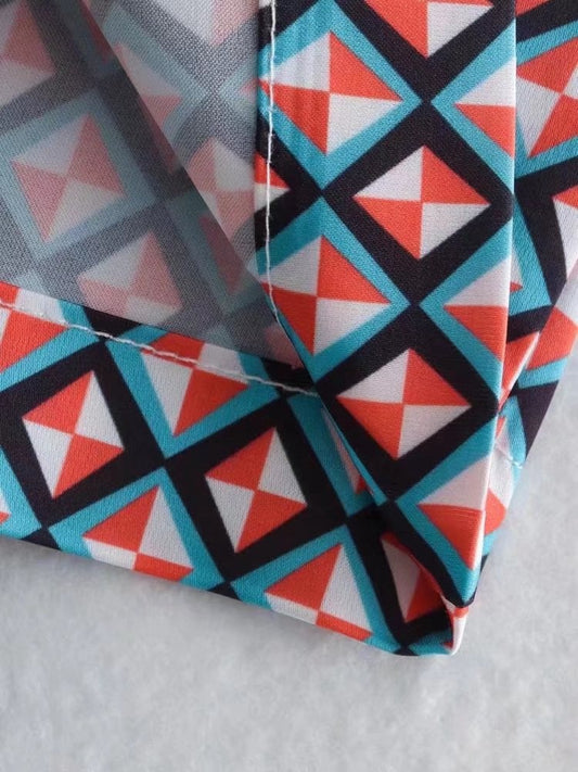 Vintage-inspired Geometric Print Shirt-pants Set