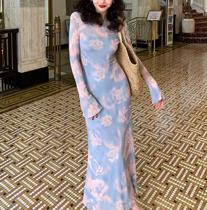 Vintage Blooming Rose Print Dress Women