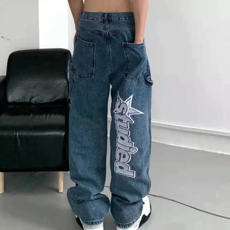 Retro letter embroidery casual jeans, offering a trendy and comfortable style.