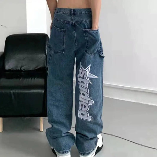 Retro letter embroidery casual jeans, offering a trendy and comfortable style.