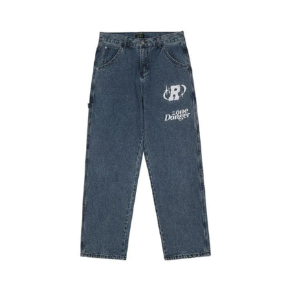 Retro letter embroidery casual jeans, offering a trendy and comfortable style.