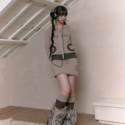 Vintage Washed Raw Edge Vintage Zippered Sweater Short Skirt Sporty Set