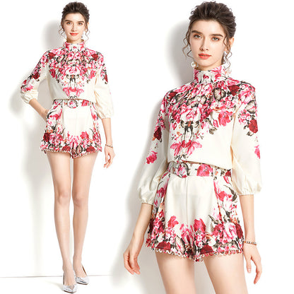Balloon Sleeve Turtleneck Vintage Print Shirt Loose Shorts Set