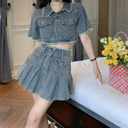 Vintage Washed Burlap Short Shirt Denim Set