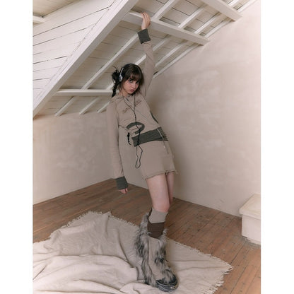 Vintage Washed Raw Edge Vintage Zippered Sweater Short Skirt Sporty Set