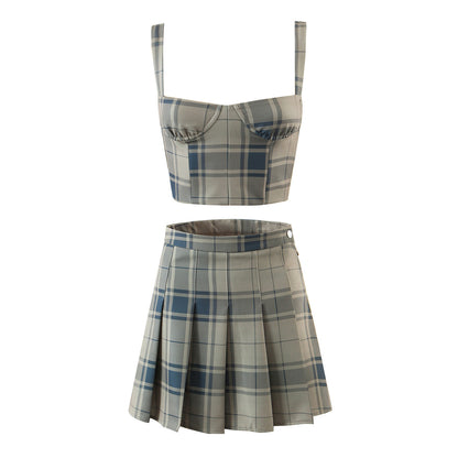 Vintage Plaid Small Sling Skirt Two Piece Set