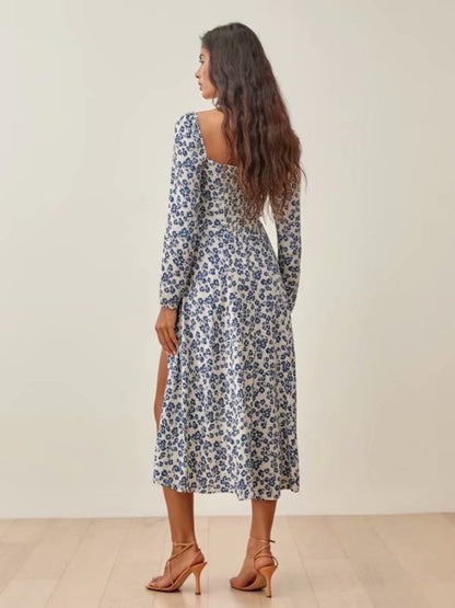 Women's French vintage fashion print long dress, featuring an elegant design and timeless style for a sophisticated look.